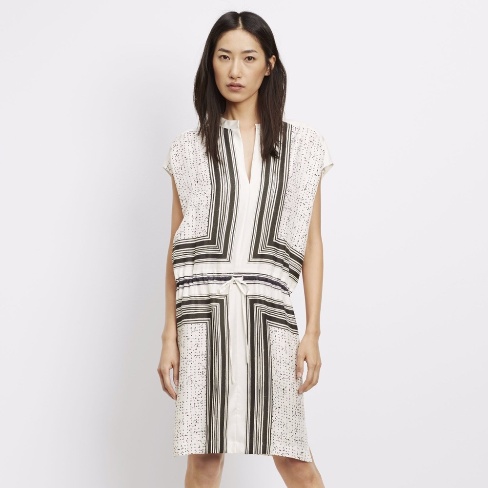 VINCE. White Silk Scarf Print Popover Dress